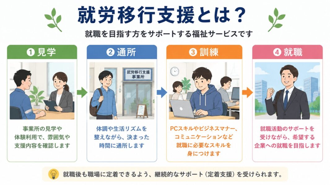 見学、通所、訓練、就職